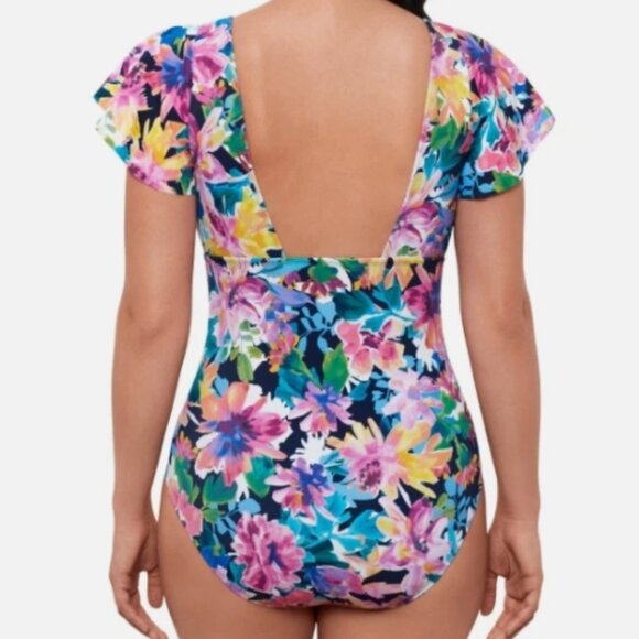NWT! Swim Solutions Multi Color Floral Flutter Slimming One Piece Swimsuit NEW! - Picture 2 of 3